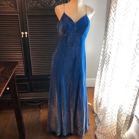 Vintage 90s Alfred Angelo Long blue glitter‎ v Neck crystal Formal dress gown 8 - Picture 1 of 8